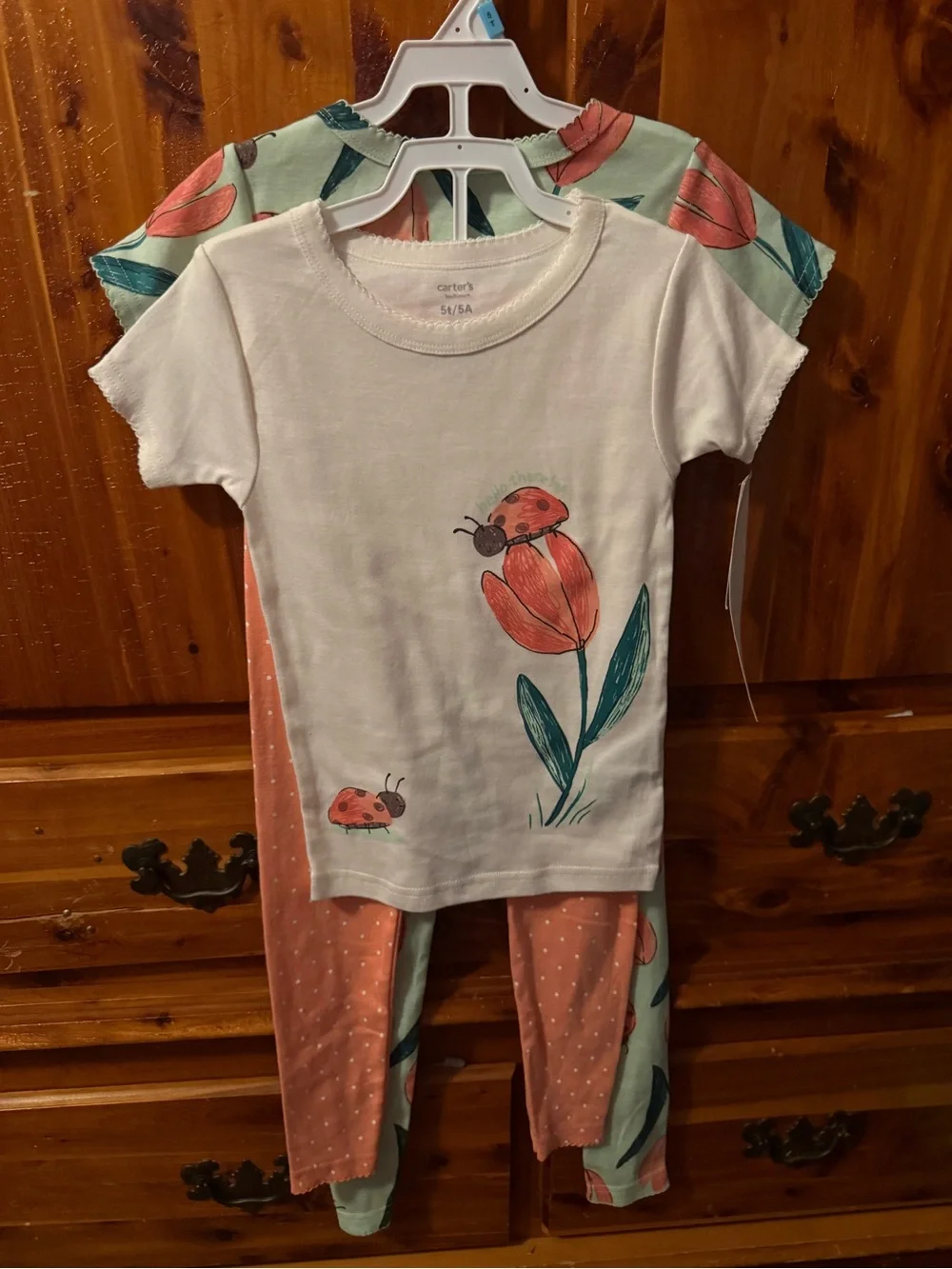 Brand New Carter's White and Coral Ladybug Floral Pajama Set Size 5T